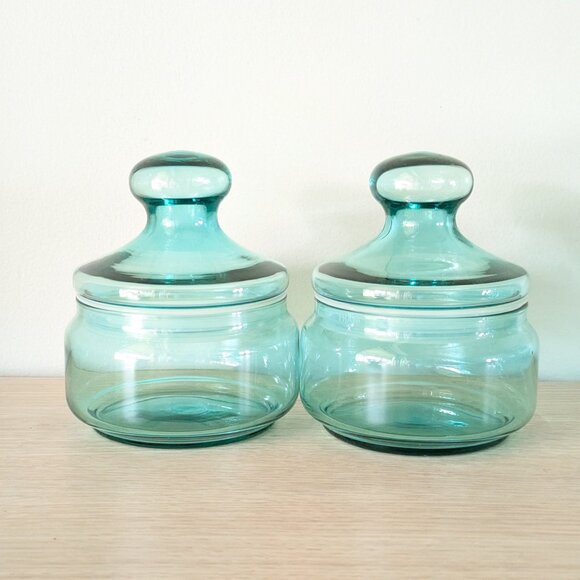 Vintage 2 LUMINARC aqua blue glass storage jars, Coastal FRENCH apothecary jars - Picture 2 of 6